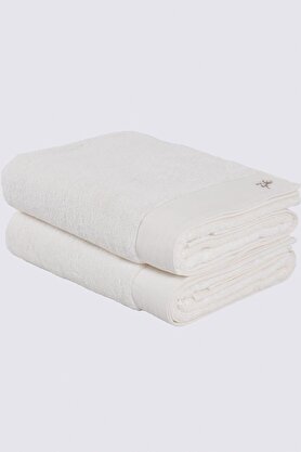  Pure Cotton 2'li Banyo Havlusu Seti %100 Organik Pamuk Bez Bordürlü Nakışlı Krem 76x142 Cm | Decoverse
