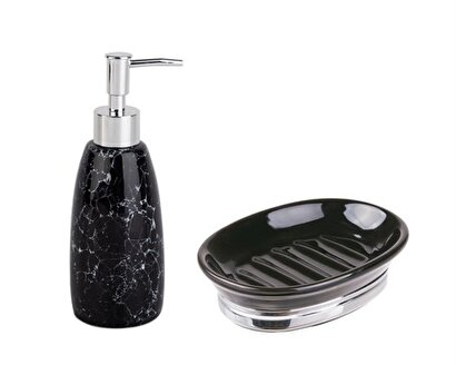 Sıvı Sabunluk Ve Sabunluk 2'li Banyo Seti, Siyah Porselen | Decoverse