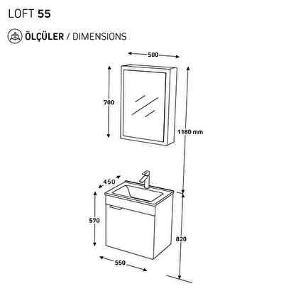  Biani Fix Loft 55 Cm Banyo Dolabı Renk Aybe Kahve | Decoverse