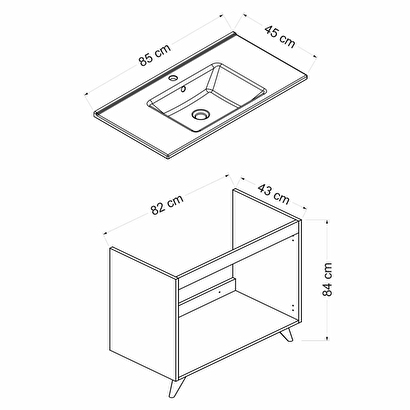  Sanya Banyo Dolabı Alt 85cm Beyaz Antrasit | Decoverse