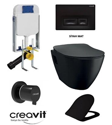 Creavit Tp325 Siyah Mat Asma Klozet Set + Duck Yavaş Kapanır Kapak Siyah Mat 5 Parça Set | Decoverse
