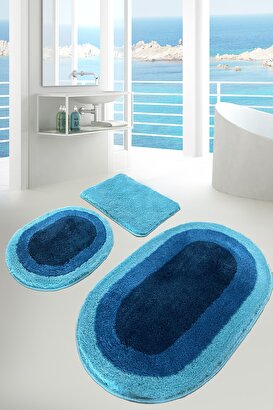 Elips Mavi 3 Lü Set Banyo Halısı Paspas Kaymaz Taban Yıkanabilir | Decoverse