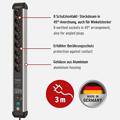 Brennenstuhl Premium-protect-line 60.000 Amper Akım Korumalı Parazit Giderici 8 Soketli 3 Metre Priz | Decoverse