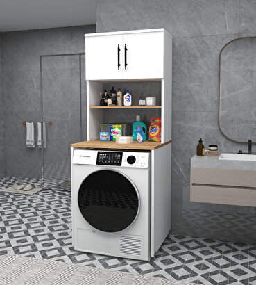 Çamaşır Makinesi Dolabı 3 Raflı Kapaklı Banyo Dolabı Çam - Beyaz | Decoverse