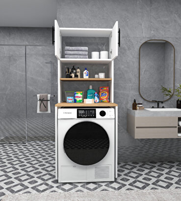 Çamaşır Makinesi Dolabı 3 Raflı Kapaklı Banyo Dolabı Çam - Beyaz | Decoverse