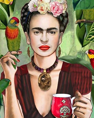 Frida Kahlo Coffee With Parrot - Kanvas Tablo | Decoverse