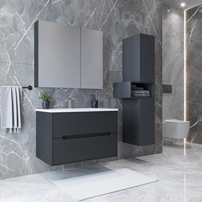 Teta Home Madrid 80 Cm Mdf Banyo Dolabı Seti Ve Boy Dolabı Antrasit | Decoverse