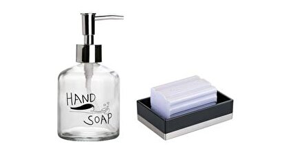 Banyo Seti,el Sabunu Yazılı Cam Sıvı Sabunluk Ve Akrilik Siyah Sabunluk | Decoverse