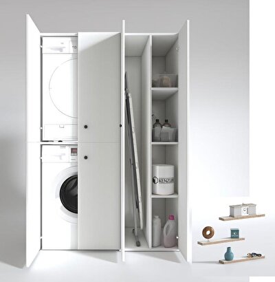 Kenzlife çamaşır-kurutma makinesi dolabı kapaklı yaromira Beyaz + debernuş duvar rafı hediyeli | Decoverse