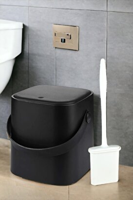 İronika Click Kapaklı Banyo Tuvalet Çöp Kovası Silikon Tuvalet Fırçası 2'li Banyo Seti Siyah | Decoverse