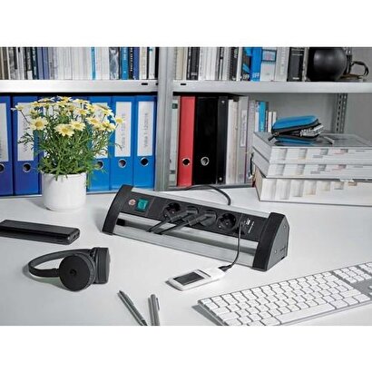  Brennenstuhl 2 USB Alu Office Line 4 lü Uzatma Priz Siyah Gümüş | Decoverse