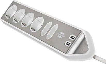 Brennenstuhl Estilo Mutfak ve Ofis İçin Çelik Yüzeyli Köşeli 6 Soketli 2 USB li 2 MT Uzatma Kablo Beyaz | Decoverse
