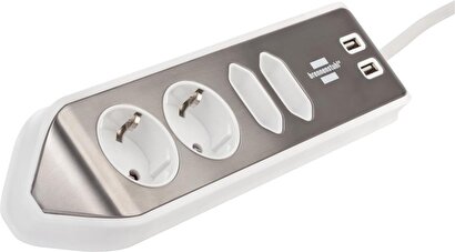 Brennenstuhl Estilo Mutfak ve Ofis İçin Çelik Yüzeyli Köşeli 4 Soketli 2 USB li 2 MT Uzatma Kablo Beyaz | Decoverse