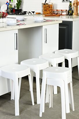 İronika Kaymaz Ayaklı Dekoratif İç İçe Geçebilen Plastik Tabure Mutfak Bahçe Taburesi 6 Adet Beyaz | Decoverse