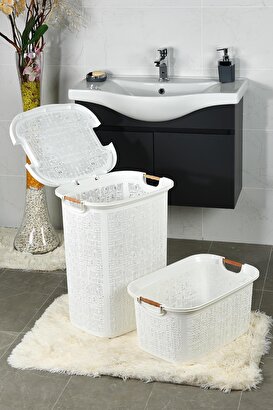 İronika 5 Parça Kirli Çamaşır Sepeti Çöp Kovası Klozet Fırçası Banyo Tuvalet Klozet Takımı Çeyiz Seti Beyaz | Decoverse