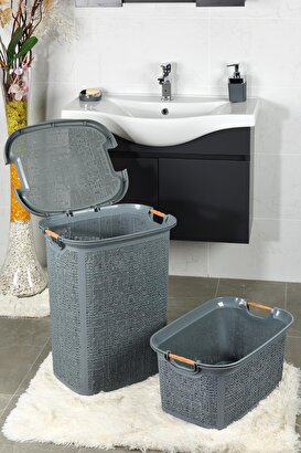 İronika 5 Parça Kirli Çamaşır Sepeti Çöp Kovası Klozet Fırçası Banyo Tuvalet Klozet Takımı Çeyiz Seti Antrasit | Decoverse