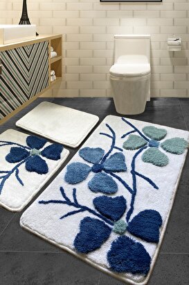 Kırçiçeği Mavi 3lü Set 60x100 Cm 50x60 Cm 40x60 Cm Banyo Halısı Yıkanabilir, Kaymaz | Decoverse