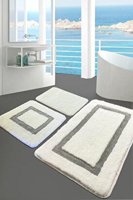 Quadrato Gri 3 Lü Set Banyo Halısı Paspas Kaymaz Taban Yıkanabilir | Decoverse