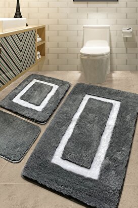Quadrato Frame Antrasit 3 Lü Set Banyo Halısı Akrilik | Decoverse
