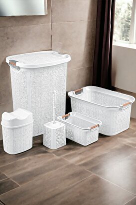 İronika 5 Parça Kirli Çamaşır Sepeti Çöp Kovası Klozet Fırçası Banyo Tuvalet Klozet Takımı Çeyiz Seti Beyaz | Decoverse