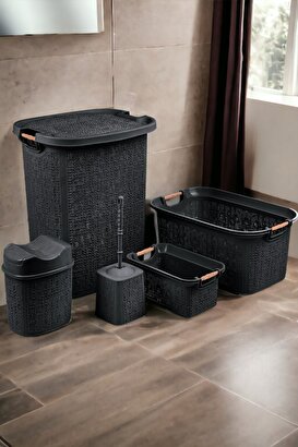 İronika 5 Parça Kirli Çamaşır Sepeti Çöp Kovası Klozet Fırçası Banyo Tuvalet Klozet Takımı Çeyiz Seti Siyah | Decoverse
