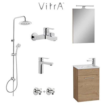  VitrA 40cm Altın Meşe Banyo Dolabı + Duş Sistemi + Batarya Set | Decoverse