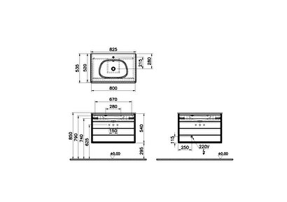  VitrA Frame 61228 Lavabo Dolabı, Çift Çekmeceli, Etajerli Lavabolu, 80 cm, Mat S. Beyaz - Dore Meşe | Decoverse