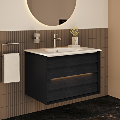  VitrA Frame 61229 Lavabo Dolabı, Çift Çekmeceli, Etajerli Lavabolu,80cm, Mat Soft-HareliSiyah | Decoverse