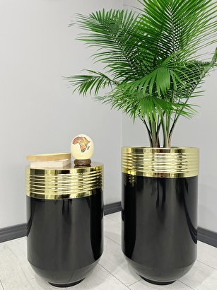 ELEGANT Dekoratif Gold Darbuka Parlak Siyah Saksı 70cm + Sehpa 60cm İkili Set | Decoverse