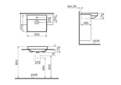 7531B003-0001 Vitra Metropole Yarım Tezgah Lavabo, 55 cm | Decoverse